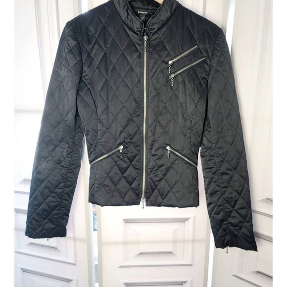 EXPRESS BLACK QUILTED ZIPPER DETAIL WOMEN'S MOTO JACKET - 14 JUNIORS (M) WOMENS - Picture 1 of 9